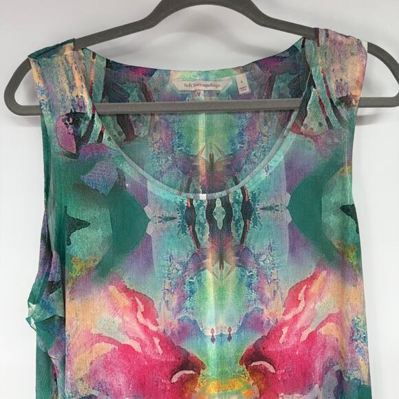 Soft Surroundings Waterflower Tank Top L Green Colorful Shark Bite Hem Flowy - Picture 3 of 6